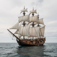 Classic Wooden Sailing Ship in Motion