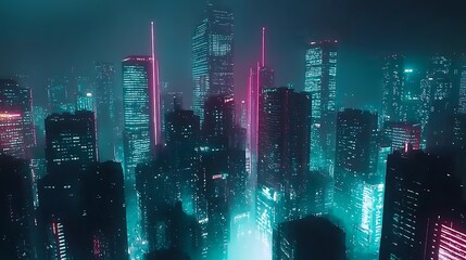 Futuristic city skyline at night with neon lights and fog.