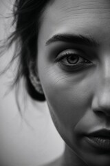Close-up black and white portrait of a woman&rsquo;s expressive eye and facial features