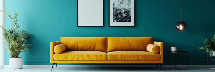 Teal Walls & Mustard Sofa Living Room