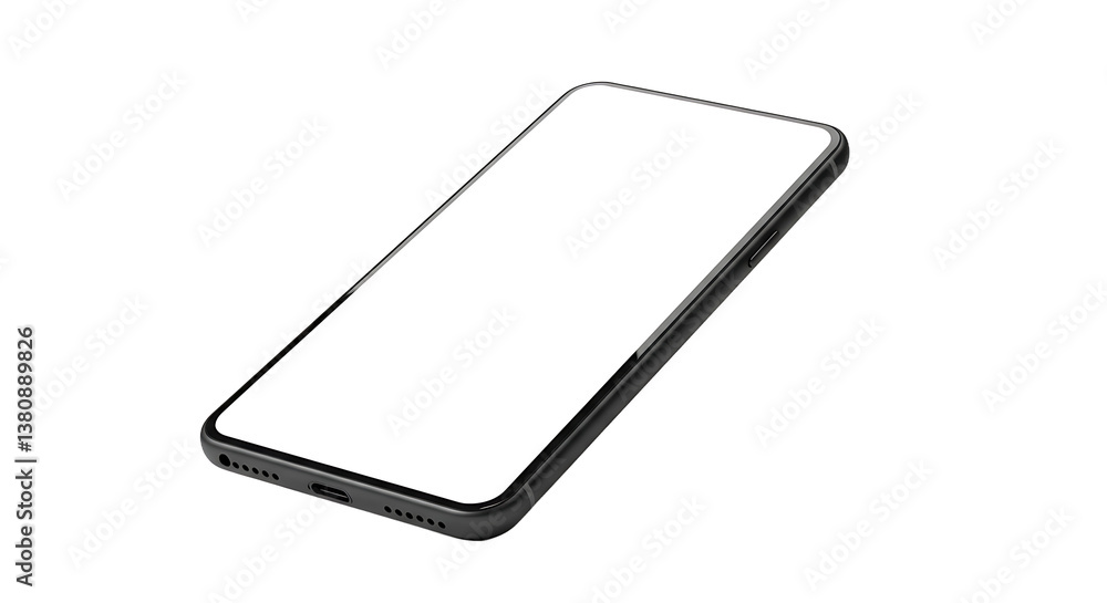 Poster angled view of a black smartphone with a blank white screen on a plain black background in studio li