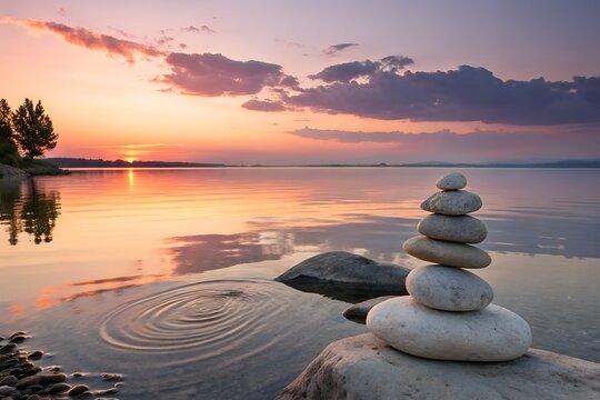 tranquil lake sunset with zen stacked stones – zen relaxation scene - Powered by Adobe