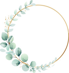 Elegant Gold Circle Frame with Watercolor Eucalyptus Leaves