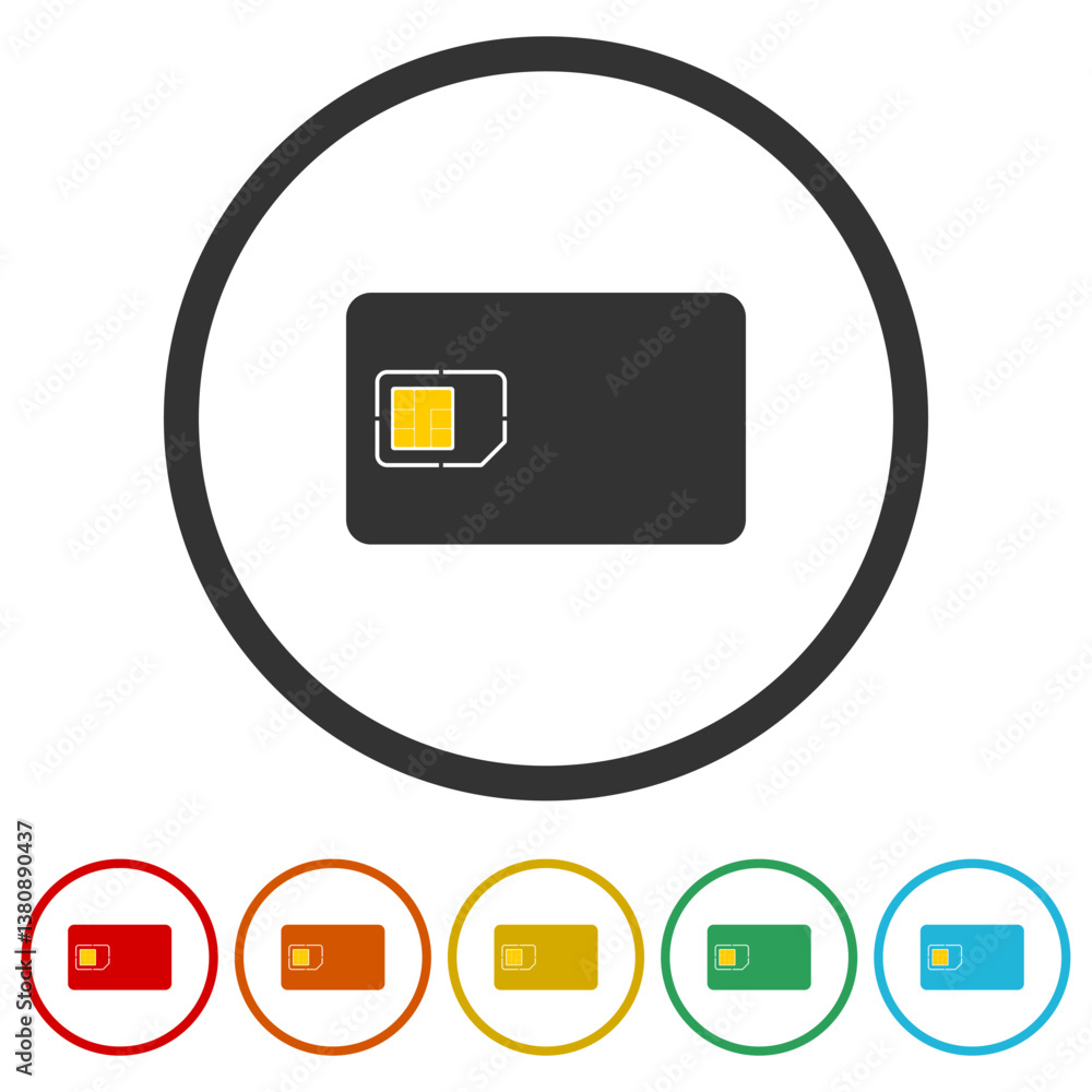 Poster sim card mobile cellular phone chip icon. set icons in color circle buttons