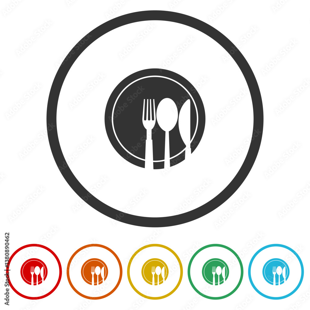 Poster plate, fork and knife icon. set icons in color circle buttons
