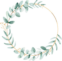 Obraz premium Elegant Watercolor Eucalyptus Gold Wreath Frame Design Template