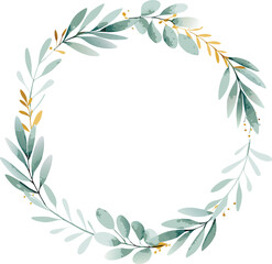 Elegant Watercolor Wreath Teal Leaves, Gold Accents, Floral Frame