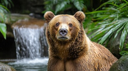 Fototapeta premium Majestic Brown Bear by Waterfall in Lush Rainforest