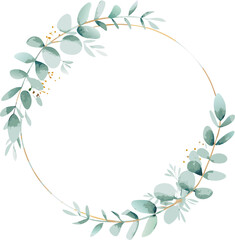 Elegant Watercolor Eucalyptus Wreath, Gold Circle Frame, Botanical Design