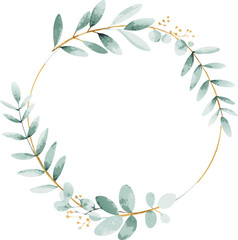 Obraz premium Elegant Watercolor Greenery Wreath, Botanical Frame, Gold Accents