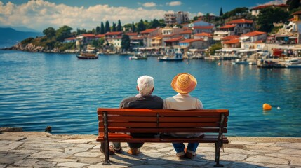 A retired couple in the best countries for retirement, enjoying a peaceful coastal town,
