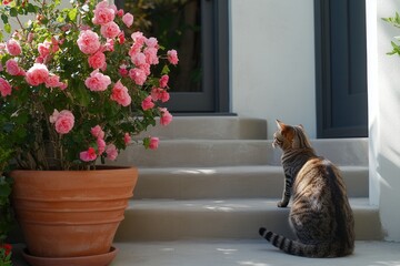 Cat Sitting by Pink Roses Near Front Steps and Doorway in Garden