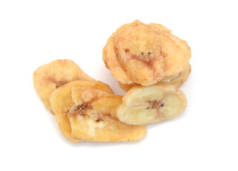 Banana chips on white background 