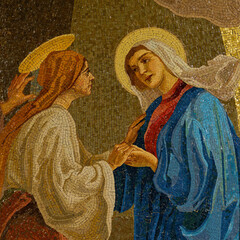 Mosaic of Visitation of the Virgin Mary to her pregnant cousin Elizabeth. .