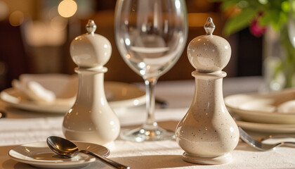 Elegant salt and pepper shakers on elegant table setting, dining decor