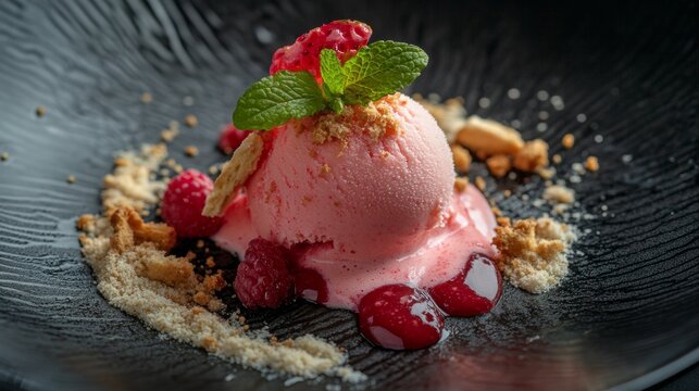 Delicious strawberry ice cream scoop tpped with biscuit crumble  mint leaves