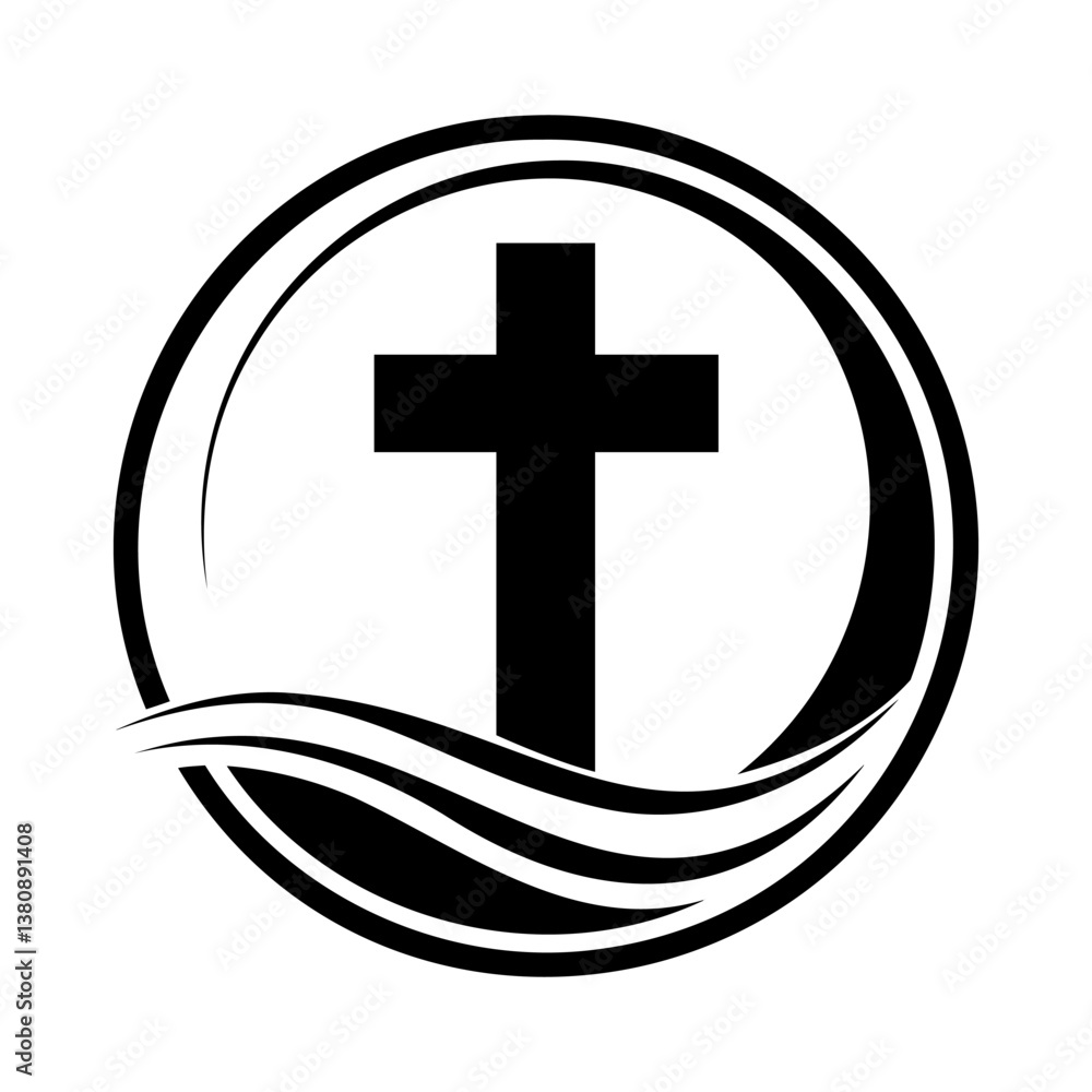 Poster christian cross icon. christian cross inside circular frame with wave design. church symbol. vector 