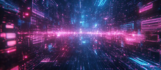 Obraz premium Digital data stream, futuristic tunnel, glowing pink blue, abstract background, tech concept