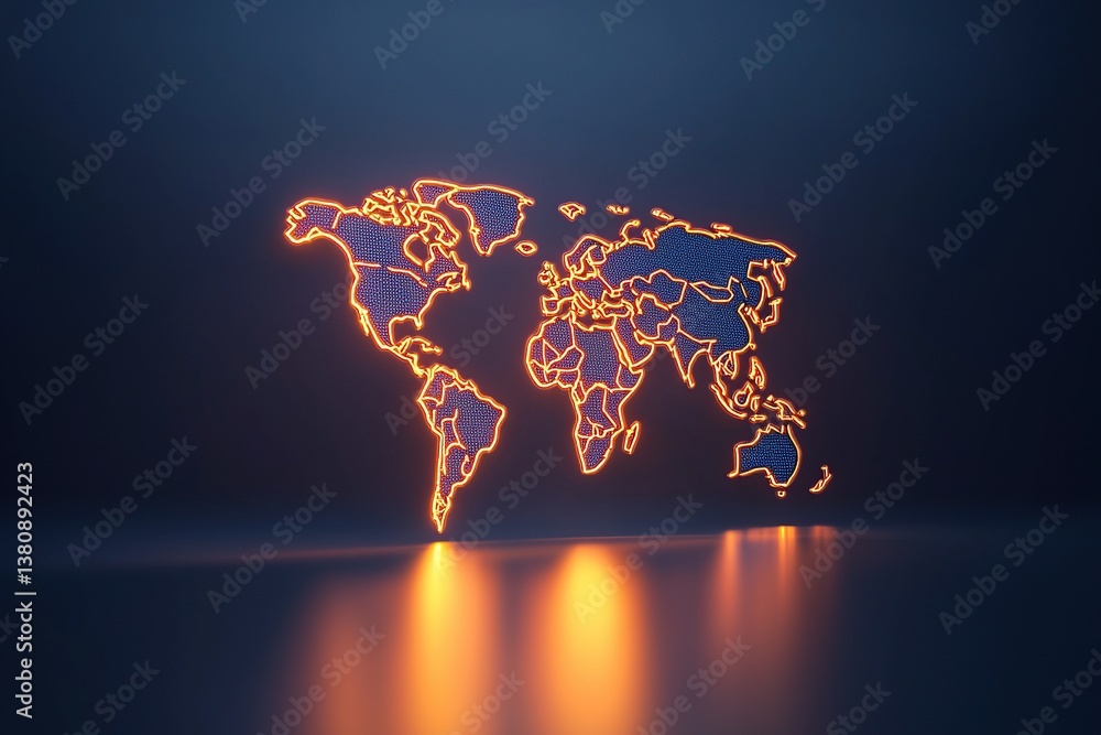 Poster illuminated world map on a dark background with glowing edges and reflections.