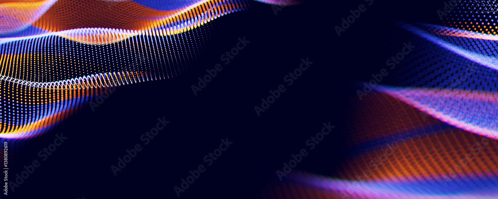 Poster Abstract wave of particles. Big data digital flow concept. LLM learning process, AI technology. Quantum computing. with central place for text