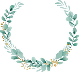 Fototapeta premium Elegant Watercolor Eucalyptus Wreath, Teal Leaves, Gold Berries