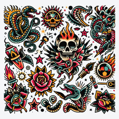 Old School Tattoo Flash sheet dark theme stock illustration