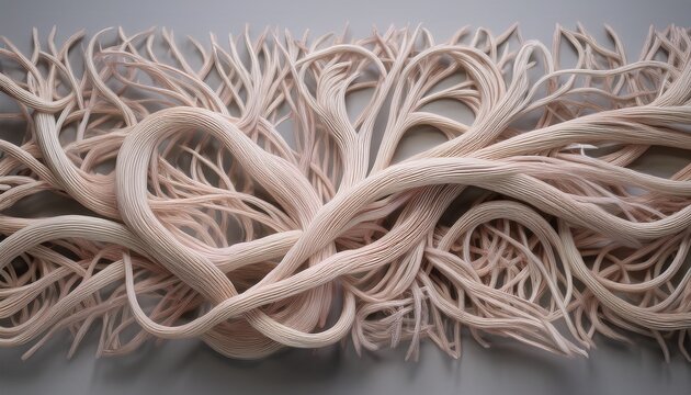 Abstract design of intertwined plant roots displayed against a neutral gray background, emphasizing their intricate forms.