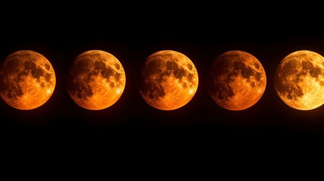 Series of orange moon images against a dark backdrop showcasing lunar progression