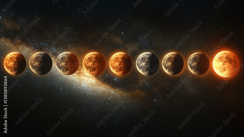 Wall mural lunar phases showcased in sequence against starry space and a galaxy backdrop