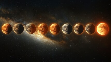 Lunar phases showcased in sequence against starry space and a galaxy backdrop