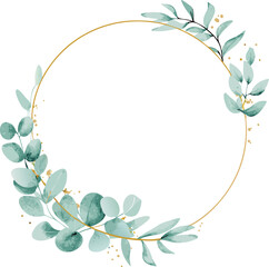 Fototapeta premium Elegant Gold Circle Frame with Watercolor Eucalyptus Leaves