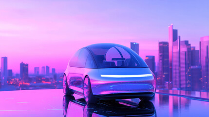 Futuristic electric car with city skyline reflection at sunset