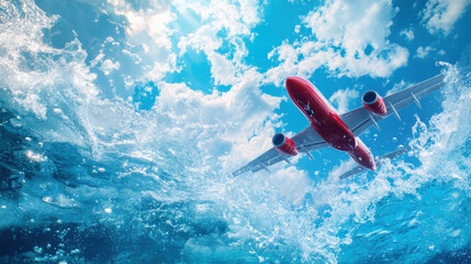 red airplane soars through dynamic fusion of air and water