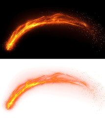 Arc of fiery welding sparks for metalwork scenes, motion design or explosion effects isolated on transparent background