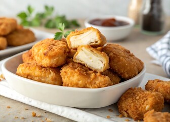 Tasty fried chicken nuggets, a spicy snack dish with sauce