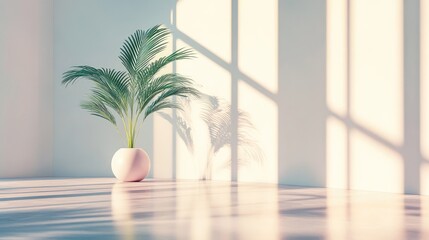 3d rendering of a plant in a vase on a table in front of, soft neon atmosphere
