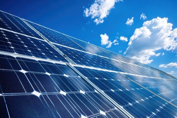 Solar panels reflecting sunlight against bright blue sky with fluffy clouds