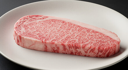 Prime Cut on a Plate: An exquisite cut of raw beef, meticulously displayed on a pristine white plate, showcasing marbling