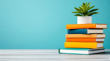 A stack of colorful books sits on a wooden surface, topped with a small potted plant, against a vibrant blue background.