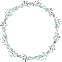 Fototapeta premium Elegant Greenery Wreath, Circular Frame, Watercolor Leaves, Red Berries, Festive Design, Botanical I