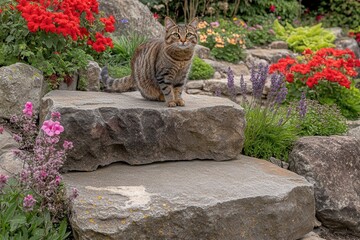 Cat Sitting on Garden Steps Surrounded by Colorful Flowers
