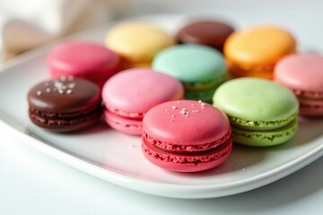 Assorted pastries, macarons, chocolate on white , table, confectionery, pastry