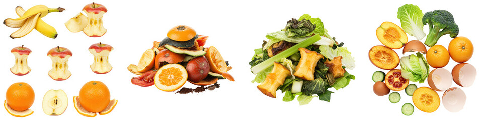 Four categories of food waste fruit, vegetable peels, green waste, and eggshells.