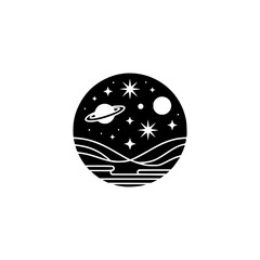 Celestial Landscape Emblem: Black Circle with Space Elements, Minimalist Design