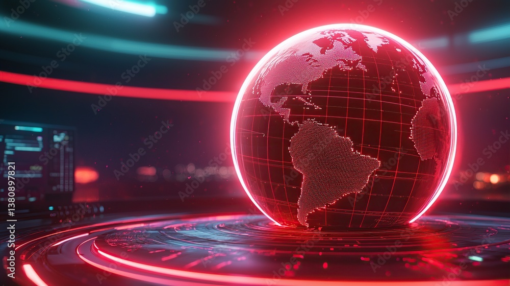 Poster futuristic globe design with glowing lines and digital elements on a dark background.