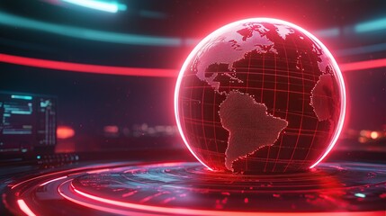Futuristic globe design with glowing lines and digital elements on a dark background.