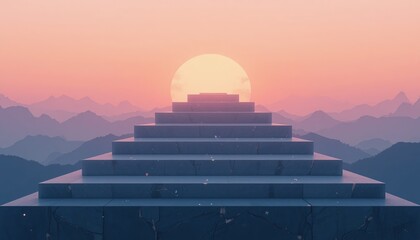 Obraz premium Sunrise over mountain steps scenic landscape digital art tranquil atmosphere perspective view inspiration for personal growth
