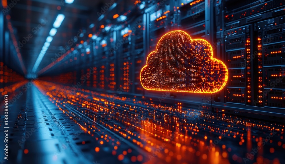Poster abstract glowing cloud data server in dark data center