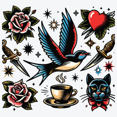 Old tattooing school colored icons set with swallow rose heart cup of tea knife head of panther.