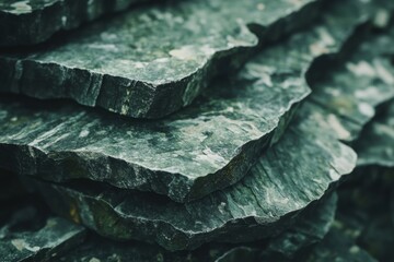 Obraz premium Close-up of natural slate stone layers with rough texture and greenish hue